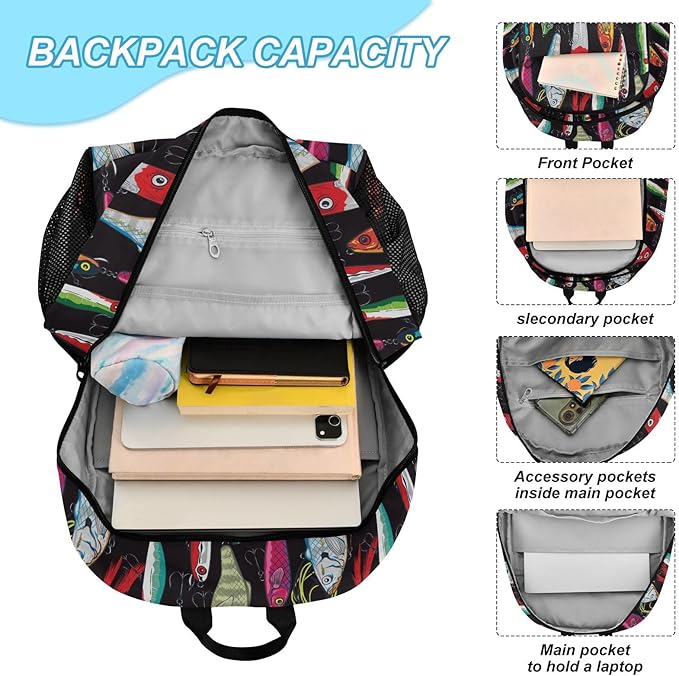 Emelivor Colorful Fishing Lures Kids Backpack for Girls Boys School Bookbag with Insulated Lunch Box for Preschool Primary School School Backpack