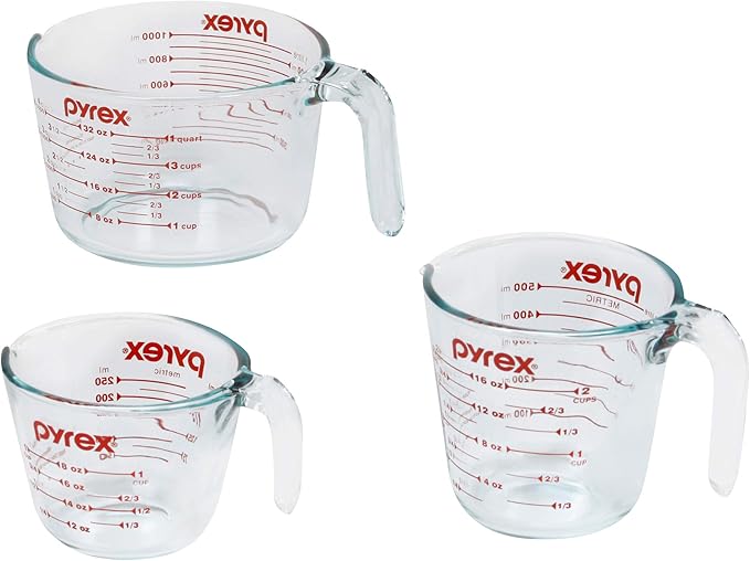 Pyrex Simply Store 6-Pc Glass Food Storage Container Set with Lids, 3-Cup, 6-Cup, & 11-Cup Rectangular & 3 Piece Glass Measuring Cup Set, Includes 1-Cup, 2-Cup, and 4-Cup Tempered Glass