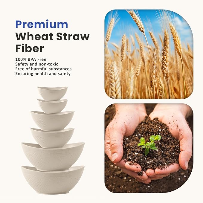 Homienly Wheat Straw Mixing Bowls, Bowls for Kitchen Set of 6, Premium Wheat Straw Mixing Bowls Set Includes 3 Size, Unbreakable Mulit Size Bowls for Salad,Serving,Cereal,Dinner,Fruit,Dessert (Beige)
