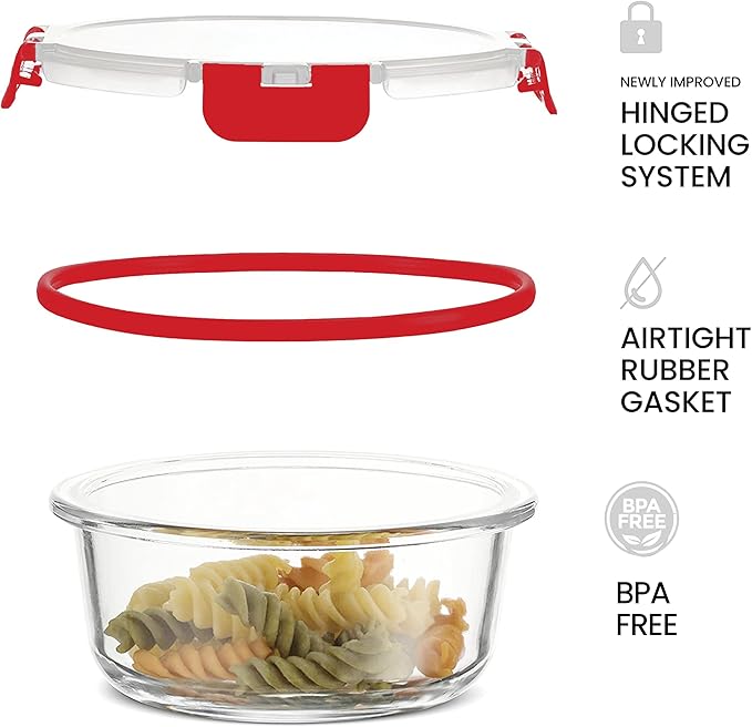 FineDine 12 Piece Glass Storage Containers with Lids - Leak Proof, Dishwasher Safe Glass Food Storage Containers for Meal Prep or Leftovers, Red