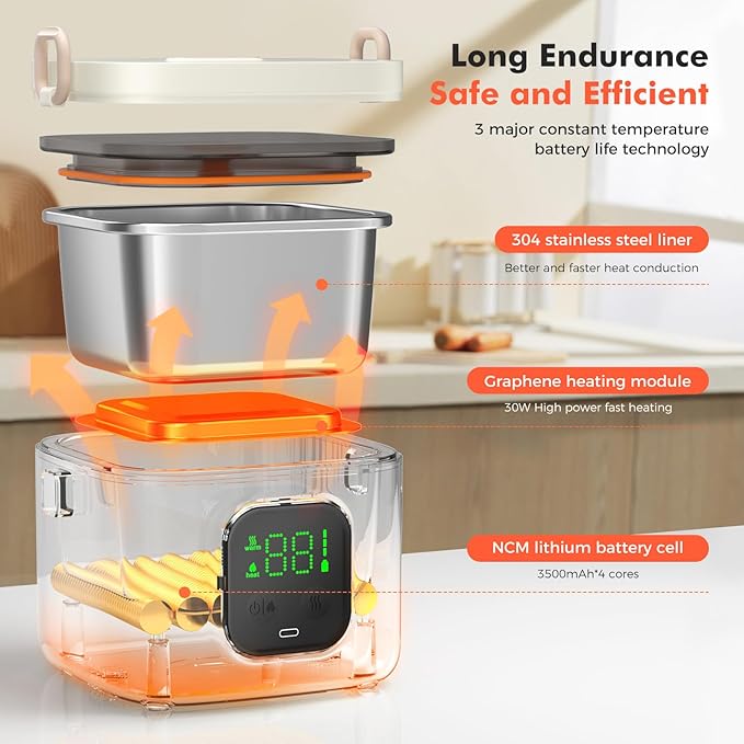 Electric Lunch Box for Kids & Adults - 14000mAh Battery-Powered, Self-Heating Food Warmer with Type-C Rechargeable, 27oz/800ml Portable Heated Lunch Box for Office, School, Camping, Diet Meals