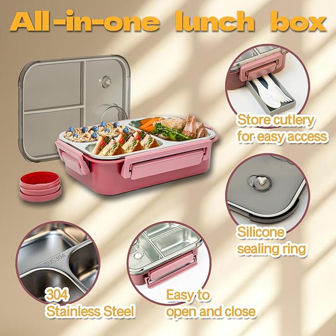 Stainless Steel Lunch Box for Kids, Girls Boys Bento Box for Food Storage Containers with Portable Utensil, Toddler Lunch Box with Removable Tray, Ideal for Ages 3-10,Dishwasher & Freezer Friendly
