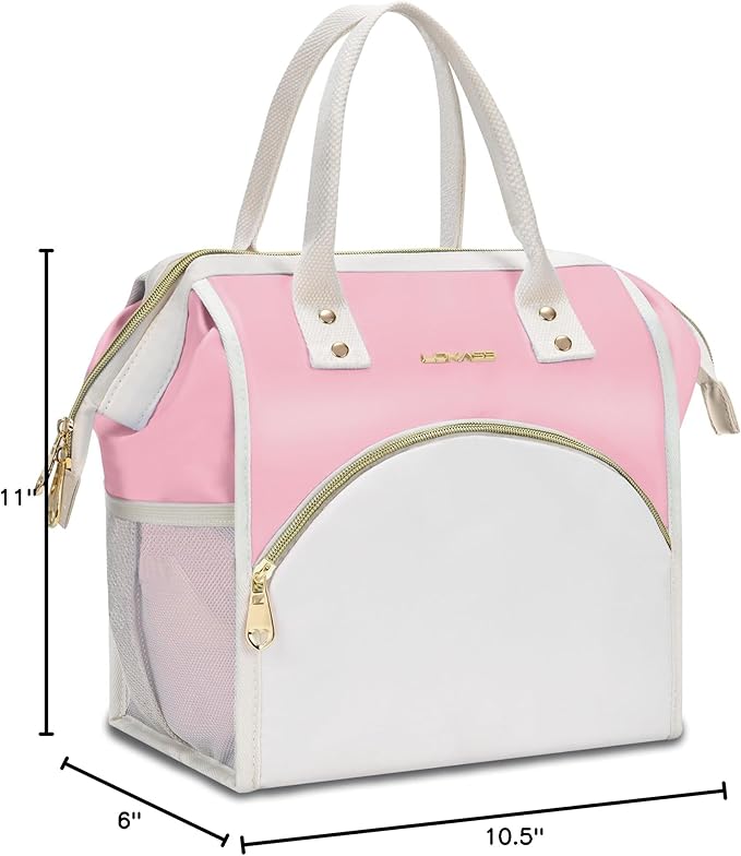 LOKASS Lunch Bag Women Insulated Lunch Box, Wide-Open Lunch Tote Bag Leak-proof Cooler Bag for Work Picnic-(Light Pink)
