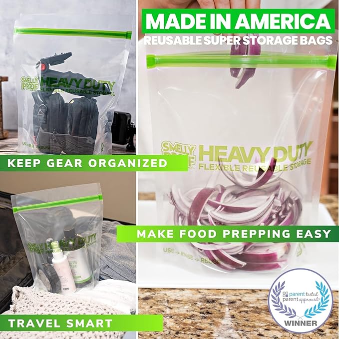 Smelly Proof BULK VALUE, 50-Pack HEAVY DUTY 5-mil Reusable Bags, Ziplock Stand-Up, Expandable, Dishwasher-Safe, Triple Zip, Odor-Proof, Durable Poly Nylon (Non-Silicone) US-Made 8.5" x 10" Quart 50pk