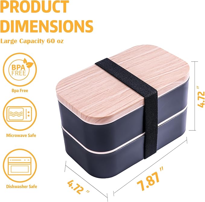Stackable Bento Box with Utensils Microwave Safe, All-in-One Meal Prep Compartment Lunch Containers Leak Resistant Lunch Box with Sauce Container 60oz Black(without bag)