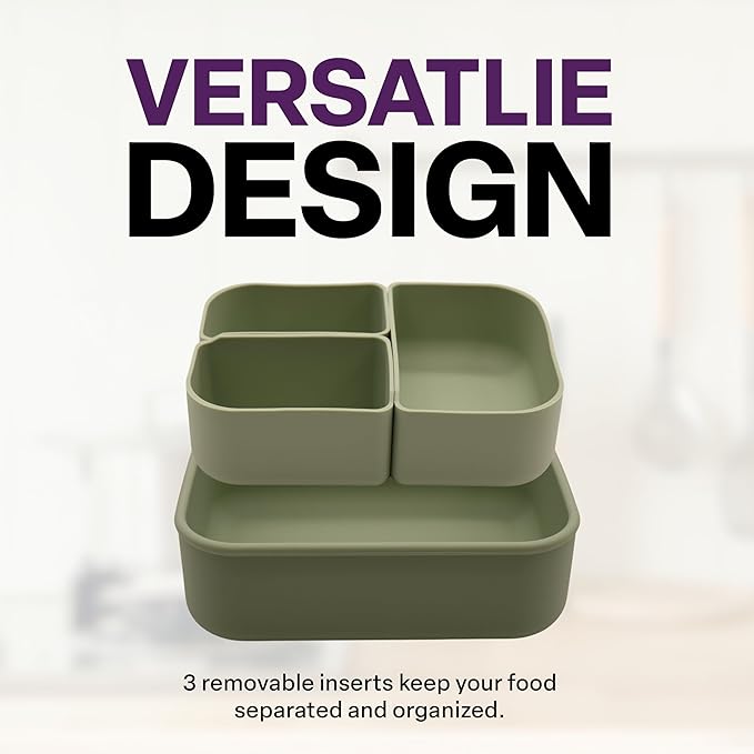Silicone Bento Box, 3 Removable Compartments, BPA-Free, Leak-Resistant, Dishwasher and Microwave Safe, Perfect for Work, Travel & Meal Prep, (Green)