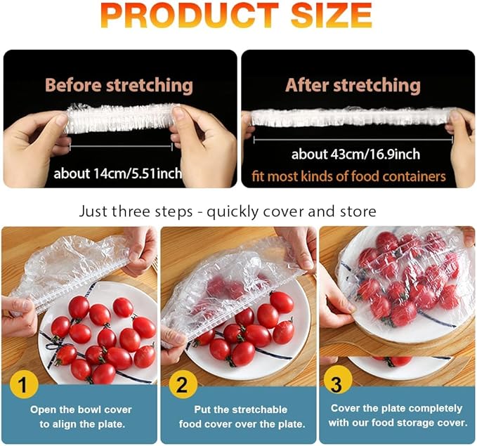 200PCS Plastic Bowl Covers Reusable, Thicken Plastic Covers Elastic Bowl Covers for Bread Proofing, Picnic Food Leftover Covers Stretch Plastic Cover Food for Family Outdoor Picnic