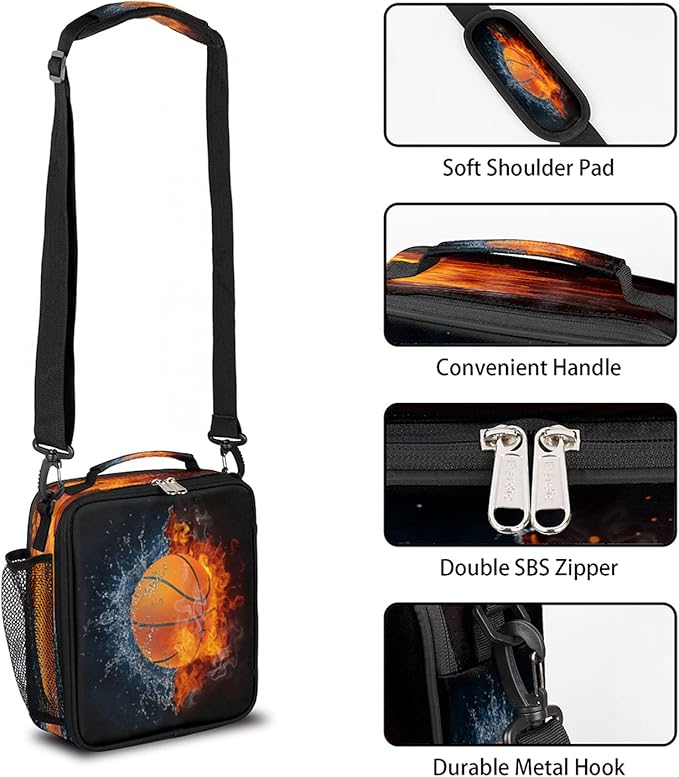 Basketball Kids Lunch Box Burning Basketball Insulated Lunch Bag Tote for Girls Boys, Cooler Freezable Meal Prep Bag with Shoulder Strap Waterproof Lunch Container for School Office Picnic
