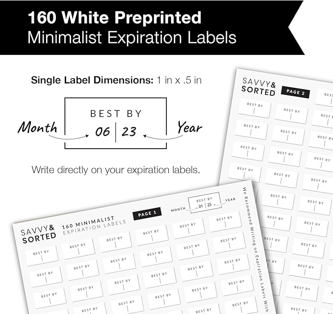 SAVVY & SORTED Expiration Date Pantry Labels, 160 Waterproof Food Expiration Date Labels for Containers, Kitchen Labels for Food Freshness, Use by Meal Prep Labels, Best By Write On Labels