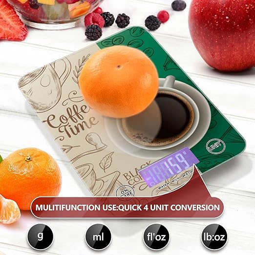 Food Scale Kitchen Digital Scale Food Ounces and Grams Dieting Baking Cooking Waterproof Glass Panels LCD Display,4 Units Scale Tare Function Coffee Time Wheat and Green
