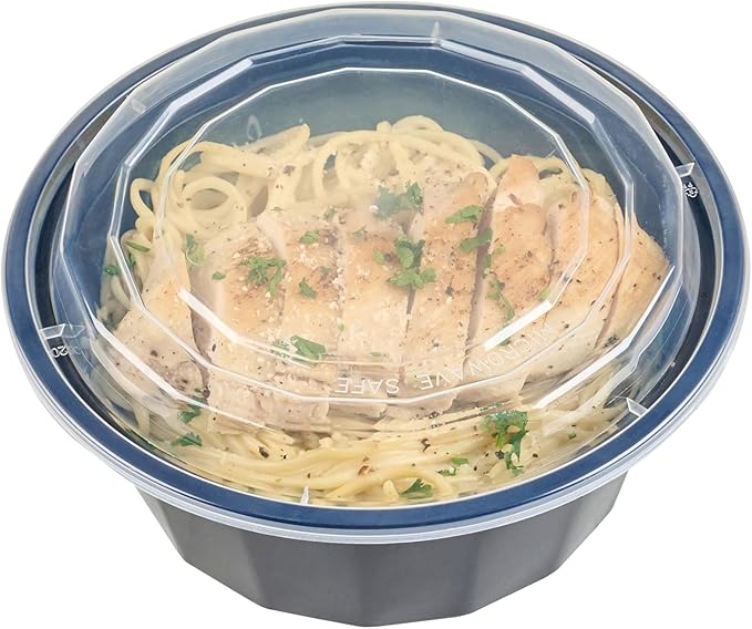 Restaurantware Asporto 32 Ounce To Go Boxes 100 Microwavable Take Out Food Containers - Clear Plastic Lids Included Do Not Contain BPA Black Plastic Catering Food Containers Disposable Round