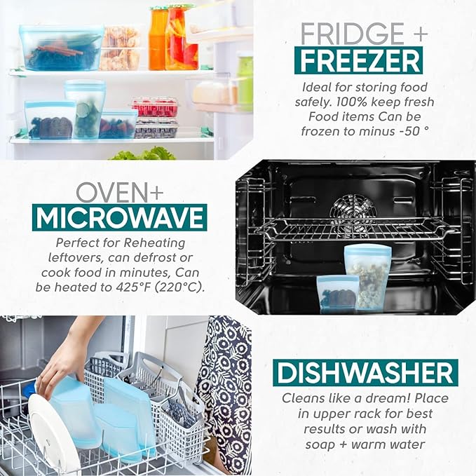 Reusable food container silicone bag, Upgrade second generation 6 Pcs Containers Storage, 100% Silicone Reusable Food Bag, Stand Up Preservation Bag, Rounded interior for easy cleaning.
