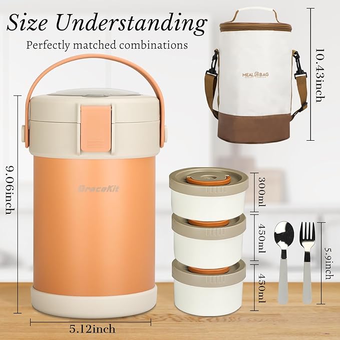 Thermo for Hot Food 3-Layer Termos Para Comida Caliente 67oz Leakproof Lunch Box for Men Women Adults - Insulated Soup Container w/Cutlery, Collapsible Cup & Thermal Bag, Office Camping Travel
