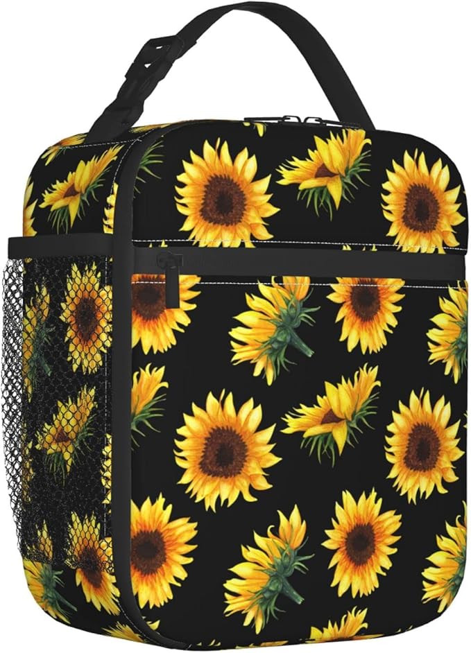YETTA YANG Sunflower Flower Floral Black Portable Lunch Bag Insulated Lunch Box Reusable Totes For Women Men Work Picnic Camping