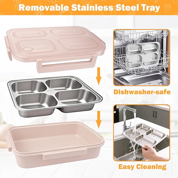 Mity rain Stainless Steel Bento Box for Kids & Adults - 4 Compartments Lunch Box Kids, BPA-Free Leakproof Food Container, Durable & Dishwasher Safe for School/Office/Travel, 1000ml