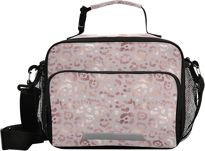 Pink Leopard Print Golden Cheetah Lunch Box for Girls Cute Lunch Bags for Women Cooler Bag Reusable Lunch Tote Bag Insulated Shoulder Bag for Work School Picnic