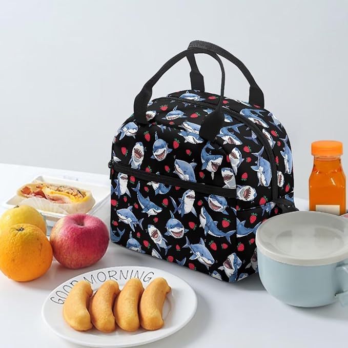 Showudesigns Strawberry Shark Lunch Bag for Women Lunch Box Containers Reusable Lunch Tote Bags for Girls Kids Food Cooler Bag With Front Zipper Pockets Thermal Meal Tote Kit Blue