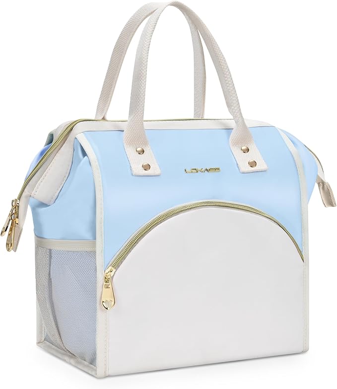 LOKASS Lunch Bag Women Insulated Lunch Box, Wide-Open Lunch Tote Bag Leak-proof Cooler Bag for Work Picnic-(Sky Blue)