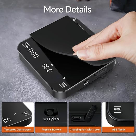 Rechargeable Mini Coffee Scale with Timer, 2kg/0.1g Precision Espresso Scale, Portable Digital Coffee Scale w/ 4 Modes for Espresso and Pour-Over Coffee (Black)