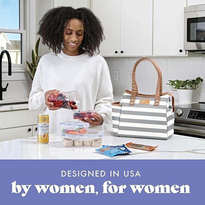 Fit & Fresh Lunch Bag For Women, Insulated Womens Lunch Bag For Work, Leakproof & Stain-Resistant Large Lunch Box For Women With Containers and Matching Tumbler, Zipper, Westerly Lunch Bag, Grey Strip