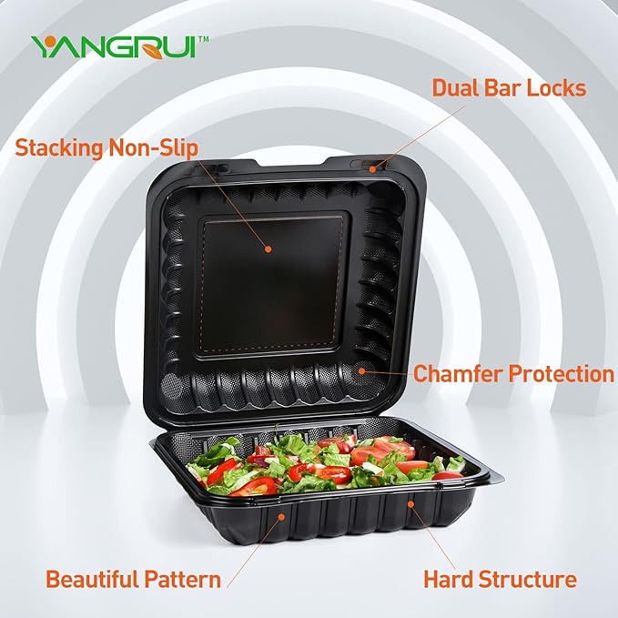 YANGRUI To Go Containers, Reusable Shrink Wrap 34 OZ 55 Pack 8 Inch Plastic Hinged Take Out Boxes BPA Free Microwave Freezer Safe MFPP Clamshell Food Container