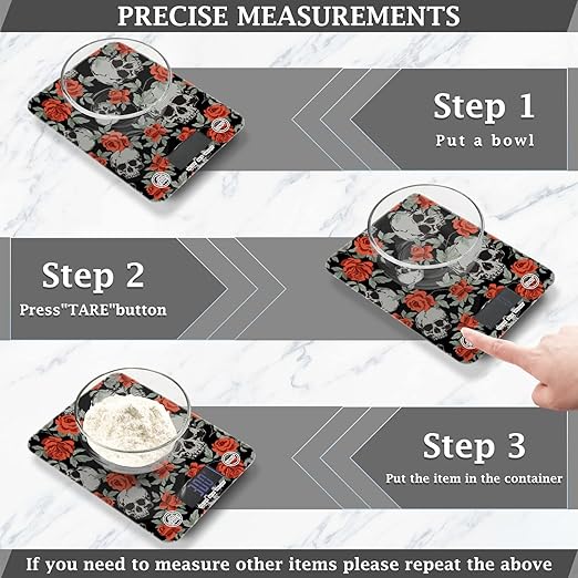 Food Scale Kitchen Digital Scale Food Ounces and Grams Dieting Baking Cooking Waterproof Glass Panels LCD Display,4 Units Scale Tare Function Red Rose Skull