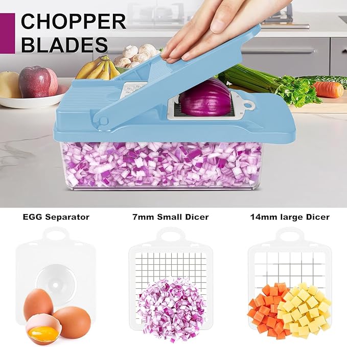 Vegetable Chopper,Food Chopper,Pro 12 in1 Multifunctional Onion Veggie Chopper,Vegetable Chopper With Container,Vegetable Slicer Dicer Cutter,Mandoline Slicer,Salad,Garlic (Blue)