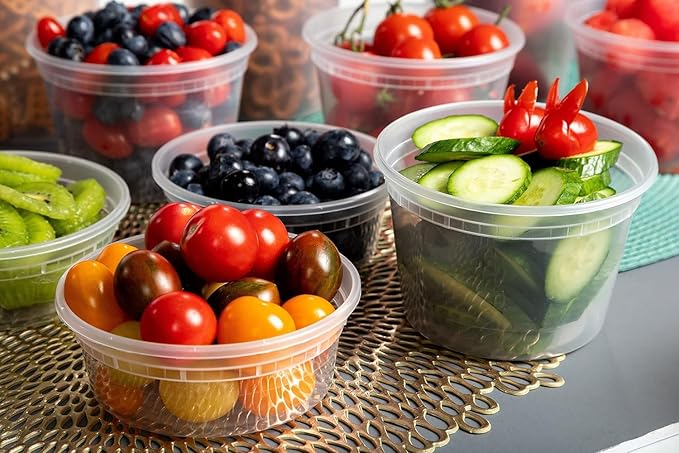 Deli Containers with Airtight Lids 50 Mix Sets (16oz- 25 Set, 32oz 25 Set) Perfect for Slime, Portion Control, Microwavable, Dishwasher, Freezer Safe, Leakproof, Stackable