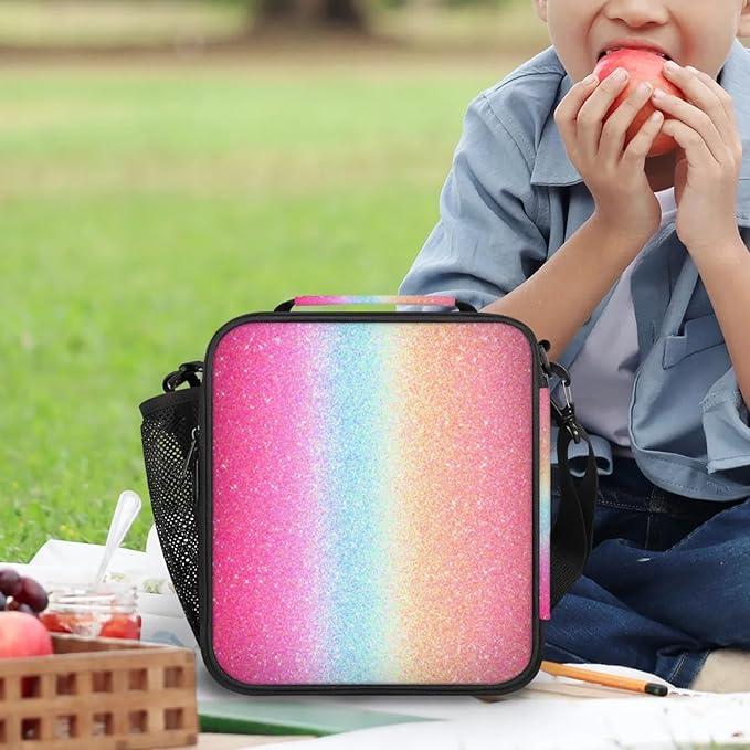 Pardick Lunch Box Rainbow Pink Glitter Insulated Lunch Bag Lunchbox with Adjustable Shoulder Strap Waterproof Cooler Bags for Travel/Picnic/Beach