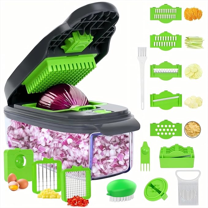 Pro 16 in 1 Vegetable Chopper Food Chopper with 2mm Keto Precision & Military-Grade Concavo-Convex Occlusion Blades (Gray & Green 10in1)