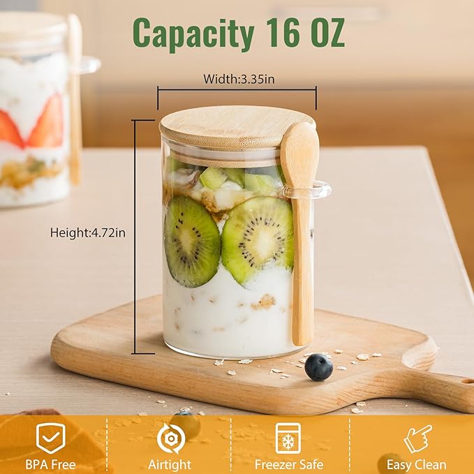 6 Pack 16oz Glass Jars with Bamboo Lids and Spoons,Overnight Oats Container,Glass Containers for Yogurt,Salad,Sugar,Oatmeal,Cereal,Meal prep and Chia pudding