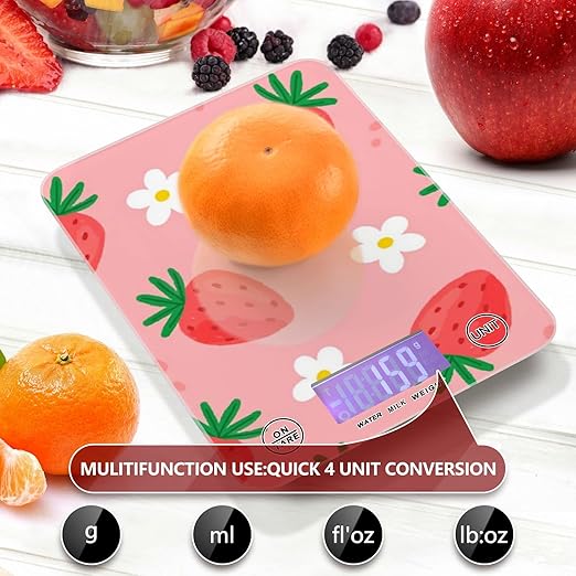 Food Scale Kitchen Digital Scale Food Ounces and Grams Dieting Baking Cooking Waterproof Glass Panels LCD Display,4 Units Scale Tare Function Strawberry