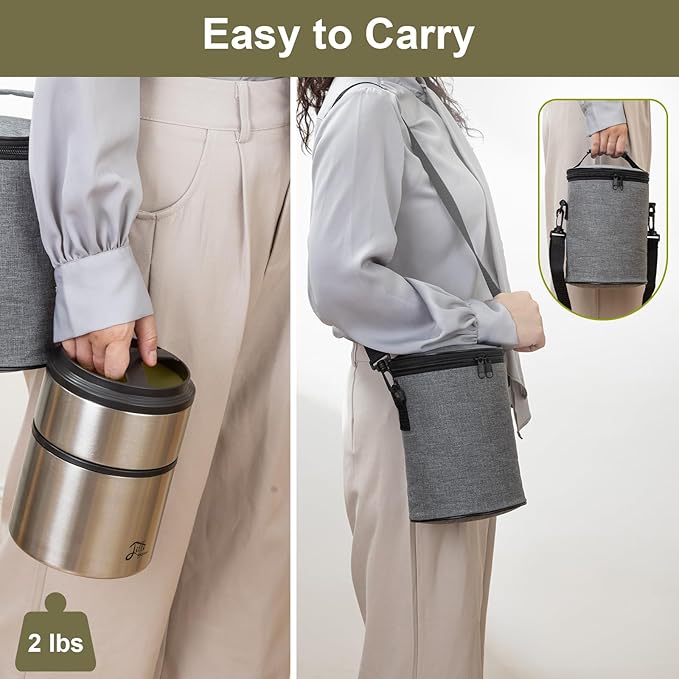 Lille Home 1500ml Thermos Food Flask, Vacuum Insulated Stackable Stainless Steel Thermal Lunch/Snack Box, 2-Tier Bento/Food Container with Lunch Bag