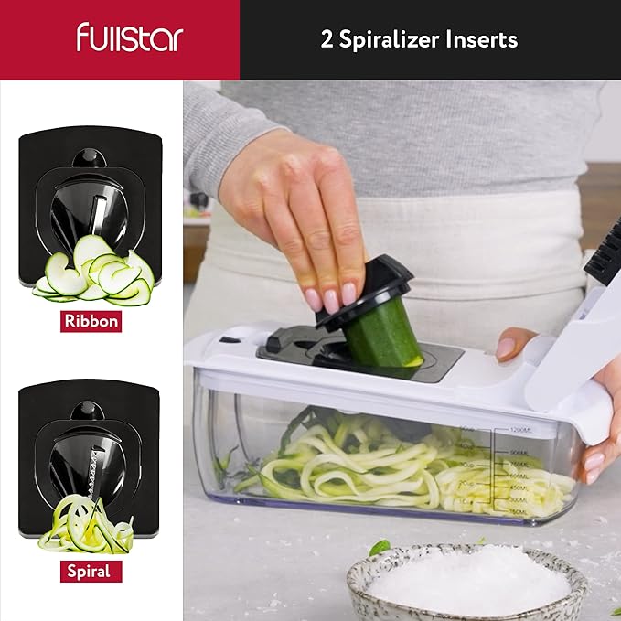 Fullstar Vegetable Chopper and Spiralizer - Food Chopper with Container, Fruit Slicer, Kitchen Gadgets & Accessories, Home Essentials (8 in 1, White)