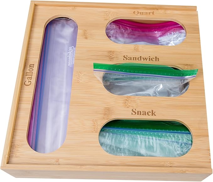 Lipper International Bamboo Storage Bag Organizer Holder and Dispenser for Kitchen Drawer or Countertop, 4 Compartment Sizes