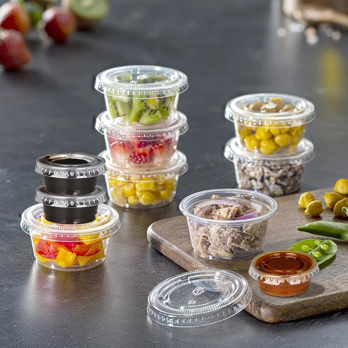 400 Pack 0.5 Oz Disposable Plastic Portion Cups with Lids, Small Jello Shot Cups, Plastic Containers Souffle Cup Condiment Containers with Lids Sauce Cups for Salad Dressing and Meal Prep- 0.5oz/15ml