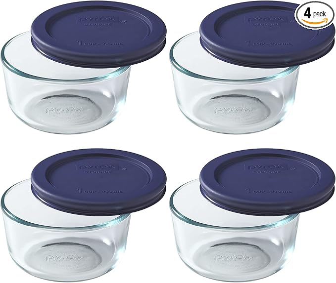 Pyrex (4) 7202 1-Cup Glass Bowls & (4) Pyrex 7202-PC 1-Cup Dark Blue Lids Made in the USA
