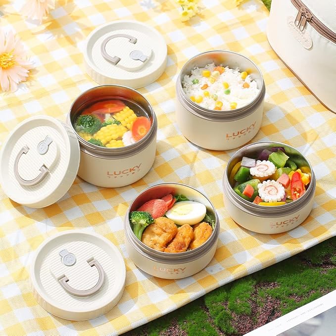 VANDHOME Thermal Bento Lunch Box Set, Portable Insulated Lunch Container For Adults Kids School Work, Stainless Steel Keep Warm Food Container With Bag, Induction Cooker & Microwave Safe (Khaki 34oz)