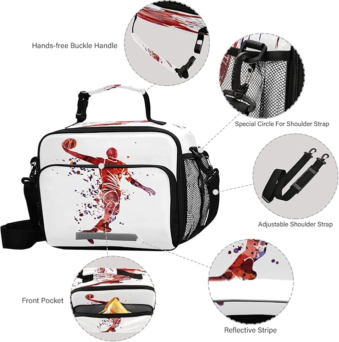 Pfrewn Red Basketball Player Painting Lunch Box for Kids School Students Insulated Lunch Bag with Shoulder Strap for Office Adults Reusable Cooler Bags Lunch Tote