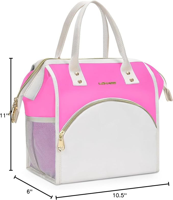 LOKASS Lunch Bag Women Insulated Lunch Box, Wide-Open Lunch Tote Bag Leak-proof Cooler Bag for Work Picnic-(Neon Pink)