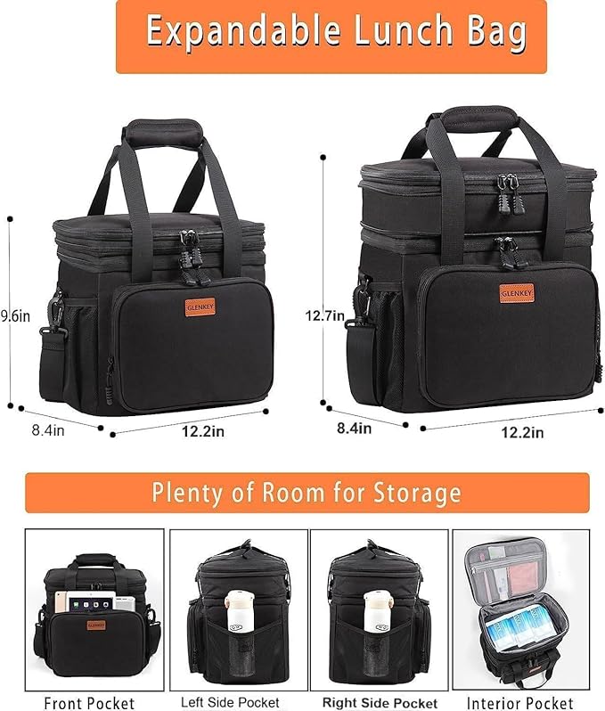 Expandable XLarge Lunch Box, Insulated Heavy Duty Lunch Bag Waterproof Leakproof Durable Cooler Bag for Men Women Adults Work Construction Camping Trip, 22L, Black, GLENKEY
