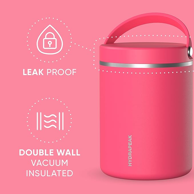 Hydrapeak 32oz Stainless Steel Vacuum Insulated Thermos Food Jar | Wide Mouth Leak-Proof Soup Container for Adults, 10 Hours Hot and 16 Hours Cold | Hot Pink