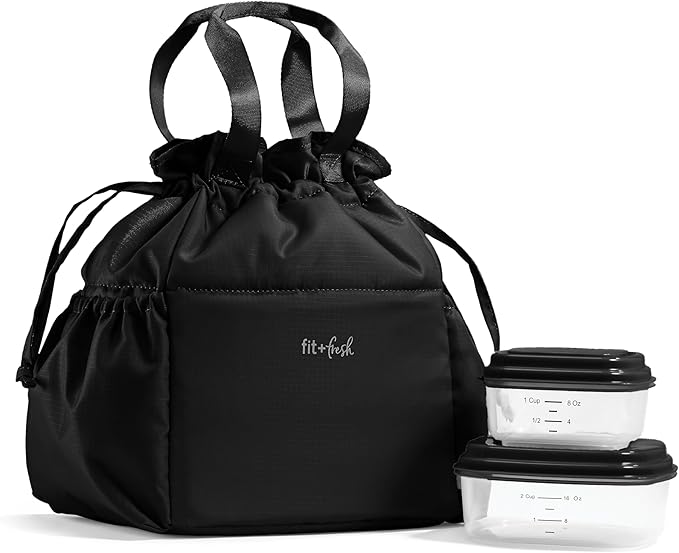 Fit & Fresh Lunch Bag For Women, Insulated Womens Lunch Bag For Work, Stain-Resistant Large Lunch Box For Women With Containers, Cinch Closure Cromwell Bag, Black