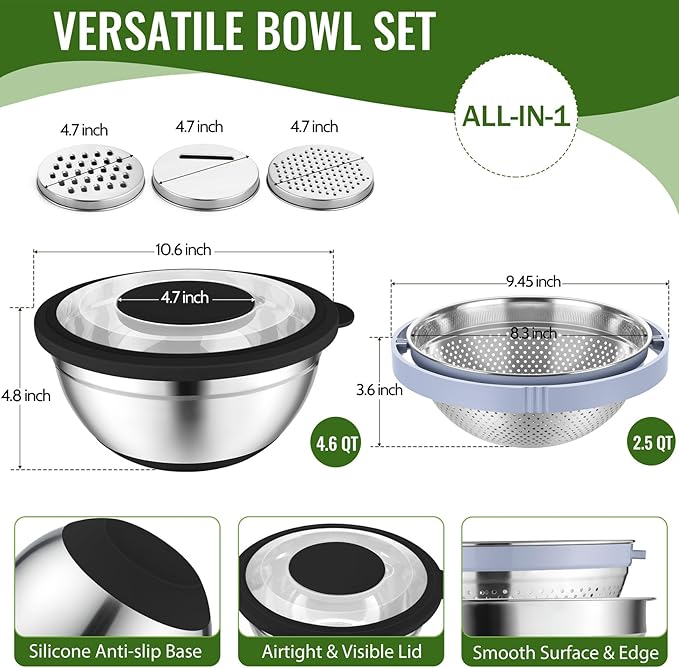 P&P CHEF 4-In-1 Stainless Steel Colander with Bowl Set, Rotatable Strainers for Kitchen, Fruit Cleaner, Washing Fruit & Draining Pasta, Mixing Bowl and Lid with Grater for Salad, Black