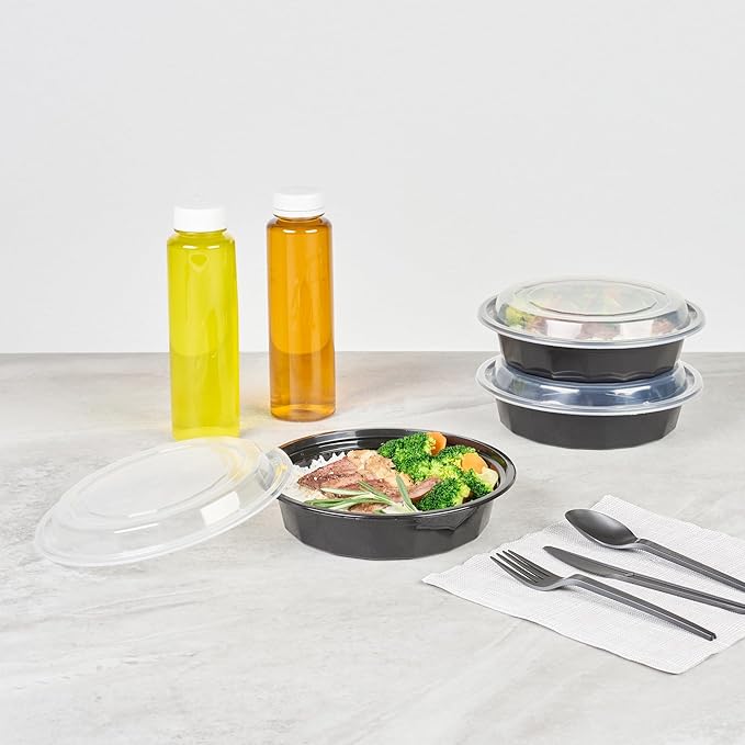 Restaurantware Asporto 24 Ounce To Go Boxes 100 Microwavable Take Out Food Containers - Clear Plastic Lids Included Do Not Contain BPA Black Plastic Catering Food Containers Disposable Round