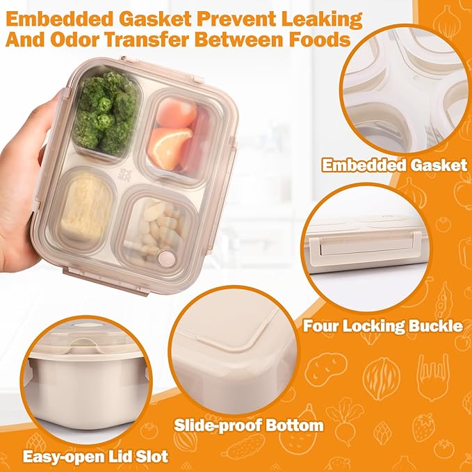 Mity rain Stainless Steel Bento Box for Kids & Adults - 4 Compartments Lunch Box Kids, BPA-Free Leakproof Food Container, Durable & Dishwasher Safe for School/Office/Travel, 1000ml