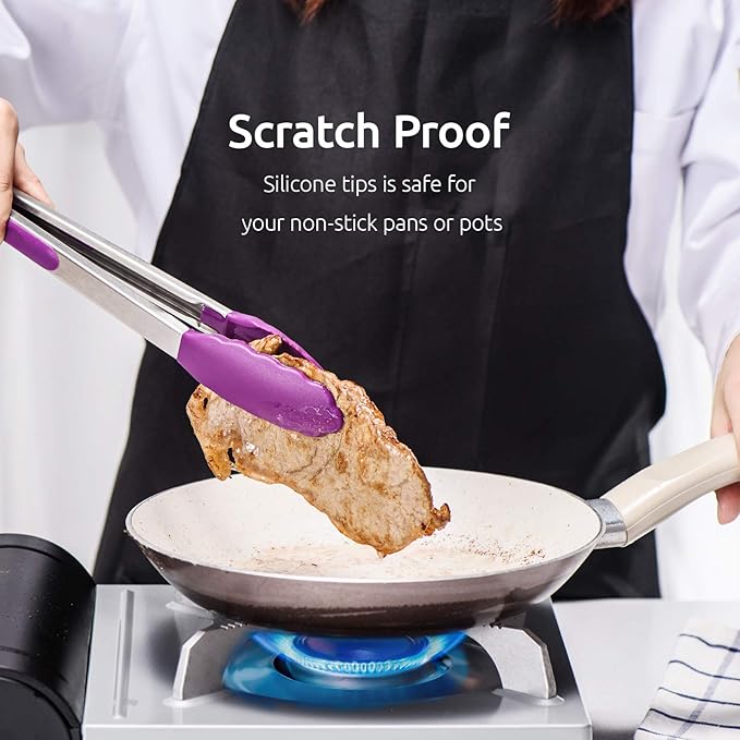 U-Taste 600°F Heat Resistant Silicone Kitchen Tongs, 18/8 Stainless Steel Measuring Cup and Spoon Set of 10, Stainless Steel Offset Icing Spatula Set (Purple)