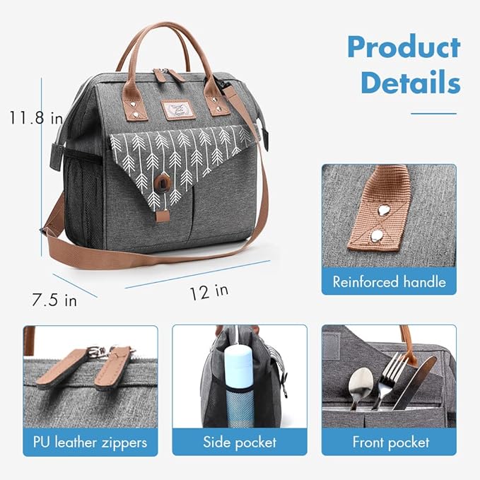 Lekesky Lunch Bag for Women Large Lunch Box Leakproof Cooler Purse for Adults, Cute Insulated Lunch Tote for Work, Lunchbag with Side Pockets and Adjustable Shoulder Strap, 15L, Grey
