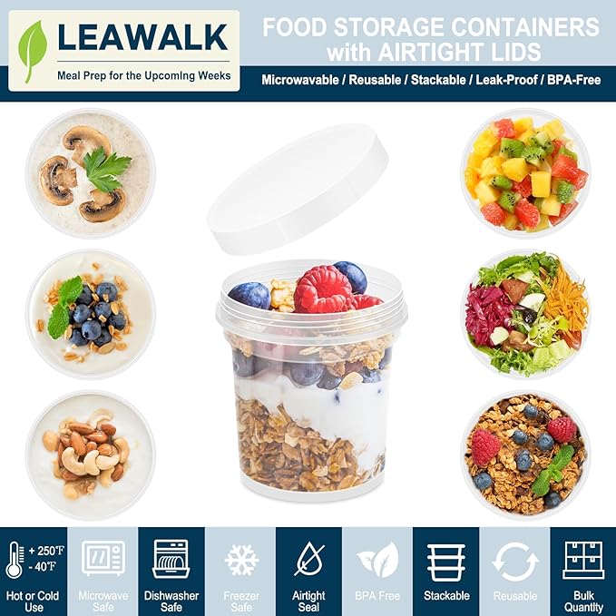 16oz 12Pack Reusable Freezer Food Storage Containers with Airtight Twist Top Lid. Overnight Oats Containers with Lids BPA-Free. Plastic Soup Deli Container with Lids Microwave/Dishwasher/Freezer Safe