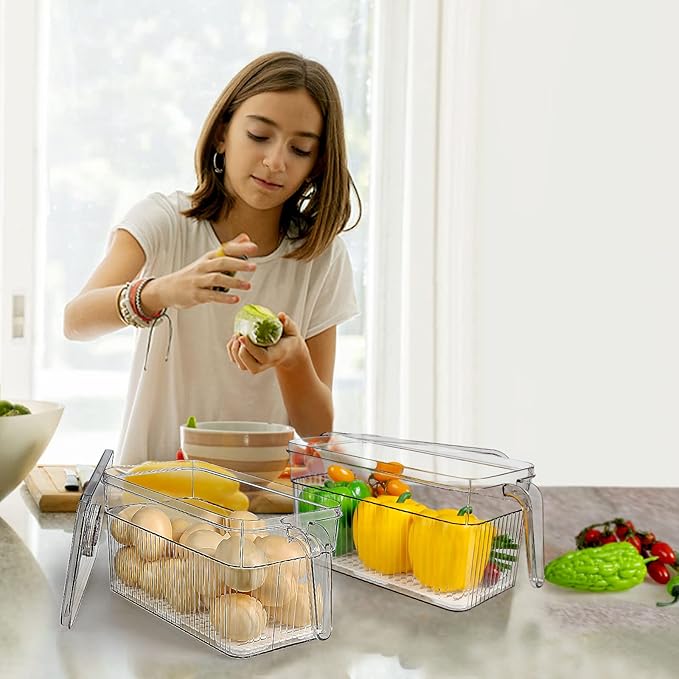 Loobuu 2 Pack Plastic Food Storage Produce Containers for Fridge, Stackable Lettuce Keeper for Refrigerator with Removable Drain Tray Keep Fresh for Vegetables/Fruit/Berry/Salad - 10'' x 5.3'' x 5.2''